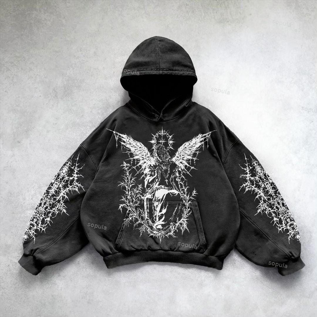 Vintage Angels Descend Graphic Acid Washed Oversized Hoodie Product Image