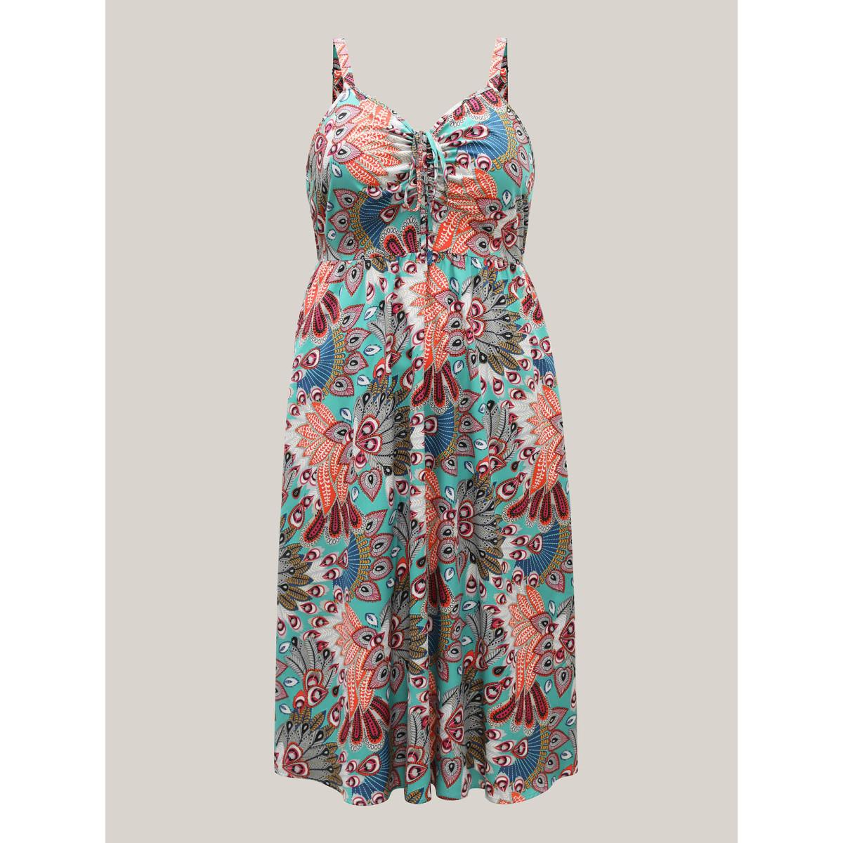 Plus Size Boho Floral Print Pockets Midi Dress Turquoise Women Drawstring V-neck Sleeveless Curvy BloomChic 14-16/1X Product Image