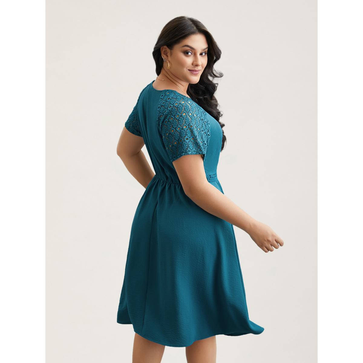 Plus Size Lace Cut-Out Raglan Sleeve Pockets Midi Dress Aegean Women Timeless Woven ribbon&lace trim Round Neck Short sleeve Curvy BloomChic 18-20/2X Product Image