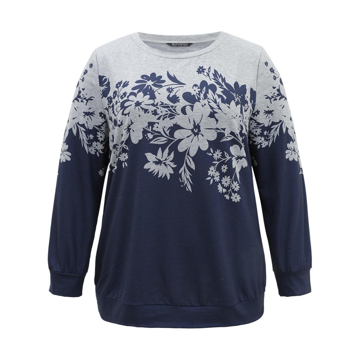 Plus Size Silhouette Floral Print Contrast Round Neck Sweatshirt Women Indigo Casual Contrast Round Neck Dailywear Sweatshirts BloomChic 12/L Product Image