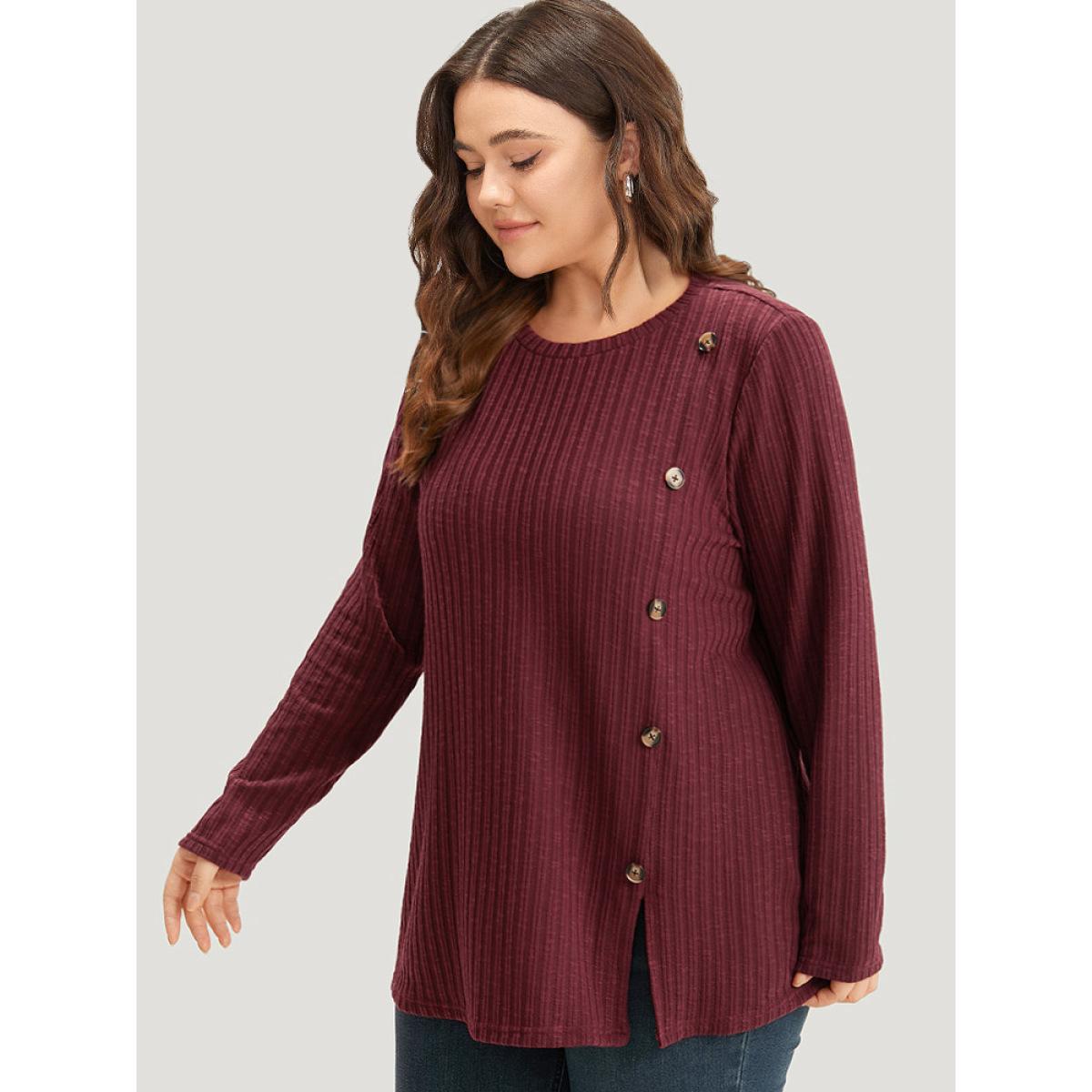 Plus Size Rib Knit Button Detail Split Side T-shirt Burgundy Women Casual Texture Plain Round Neck Dailywear T-shirts BloomChic 22-24/3X Product Image