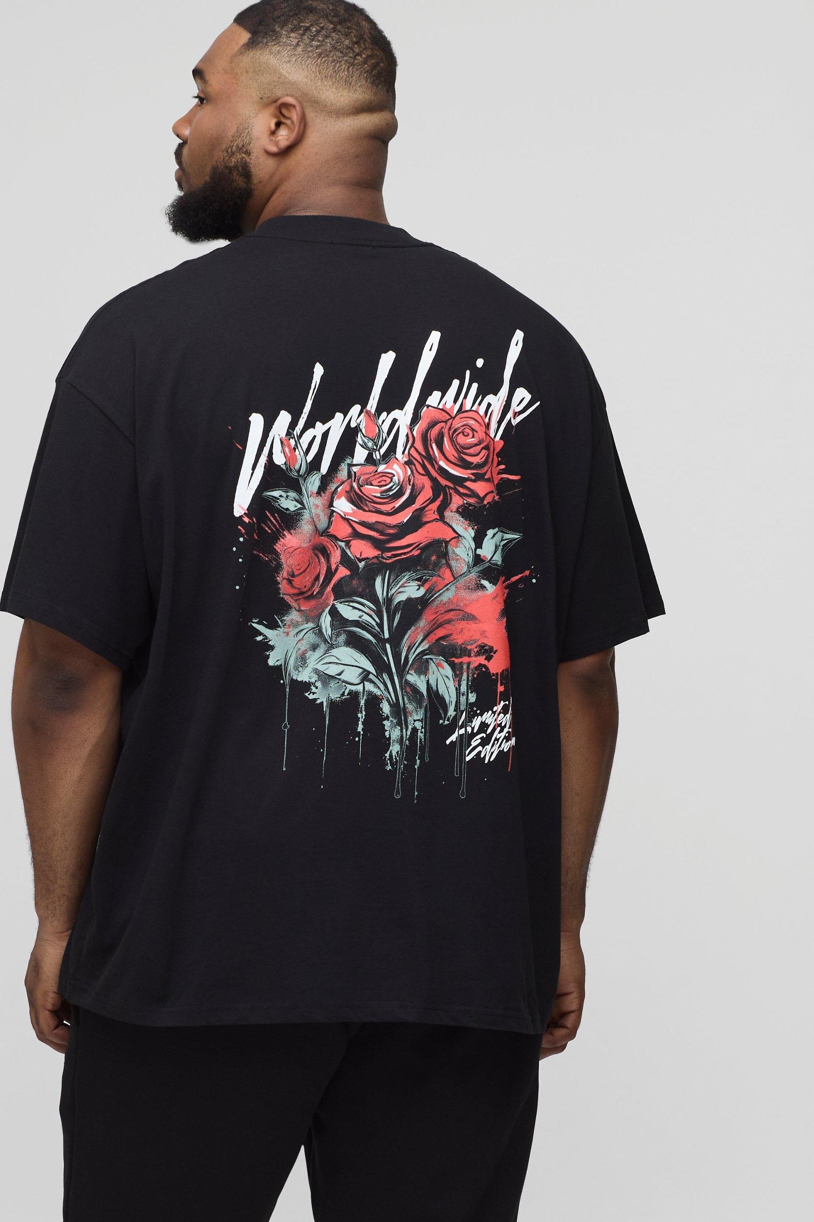 Plus Oversized Extended Neck Worldwide Floral Print T-Shirt | boohooMAN USA Product Image