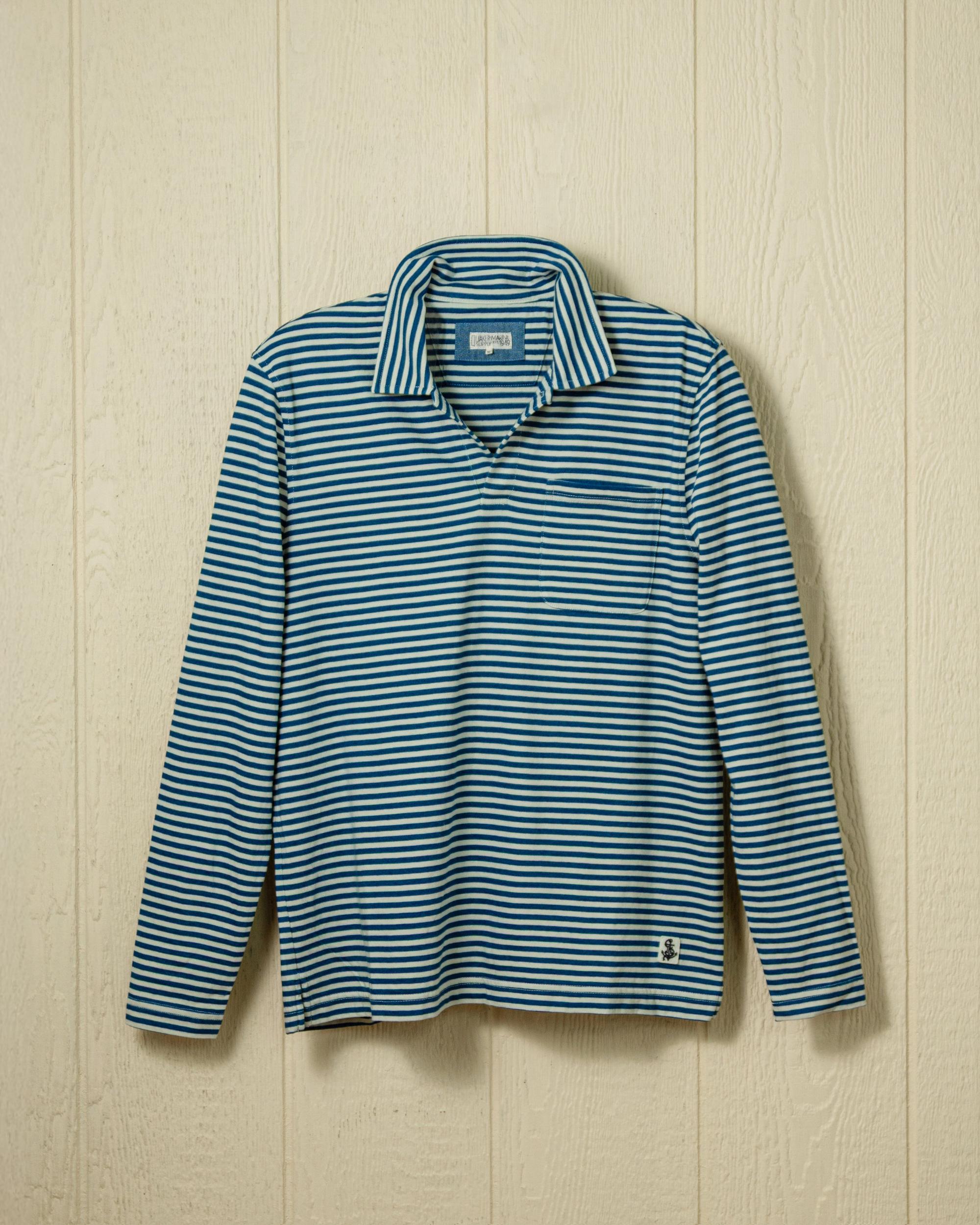 Long Sleeve Indigo Polo in Blue/White Stripe Product Image