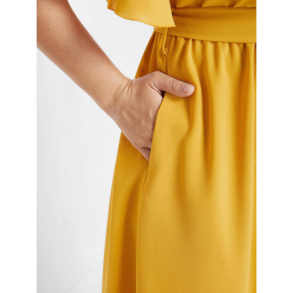 Plus Size Bloom Dress - Solid Tie Surplice Ruffle High Low Dress Yellow Women Elegant Cross straps V-neck Short sleeve Curvy Midi Dress BloomChic 30/6X Product Image