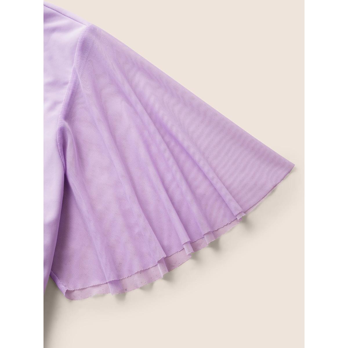 Plus Size Solid Patchwork See Through Ruffle Sleeve Swim Dress Women's Swimwear Lilac Beach Bodycon V-neck High stretch Curve Swim Dresses BloomChic 14-16/1X Product Image