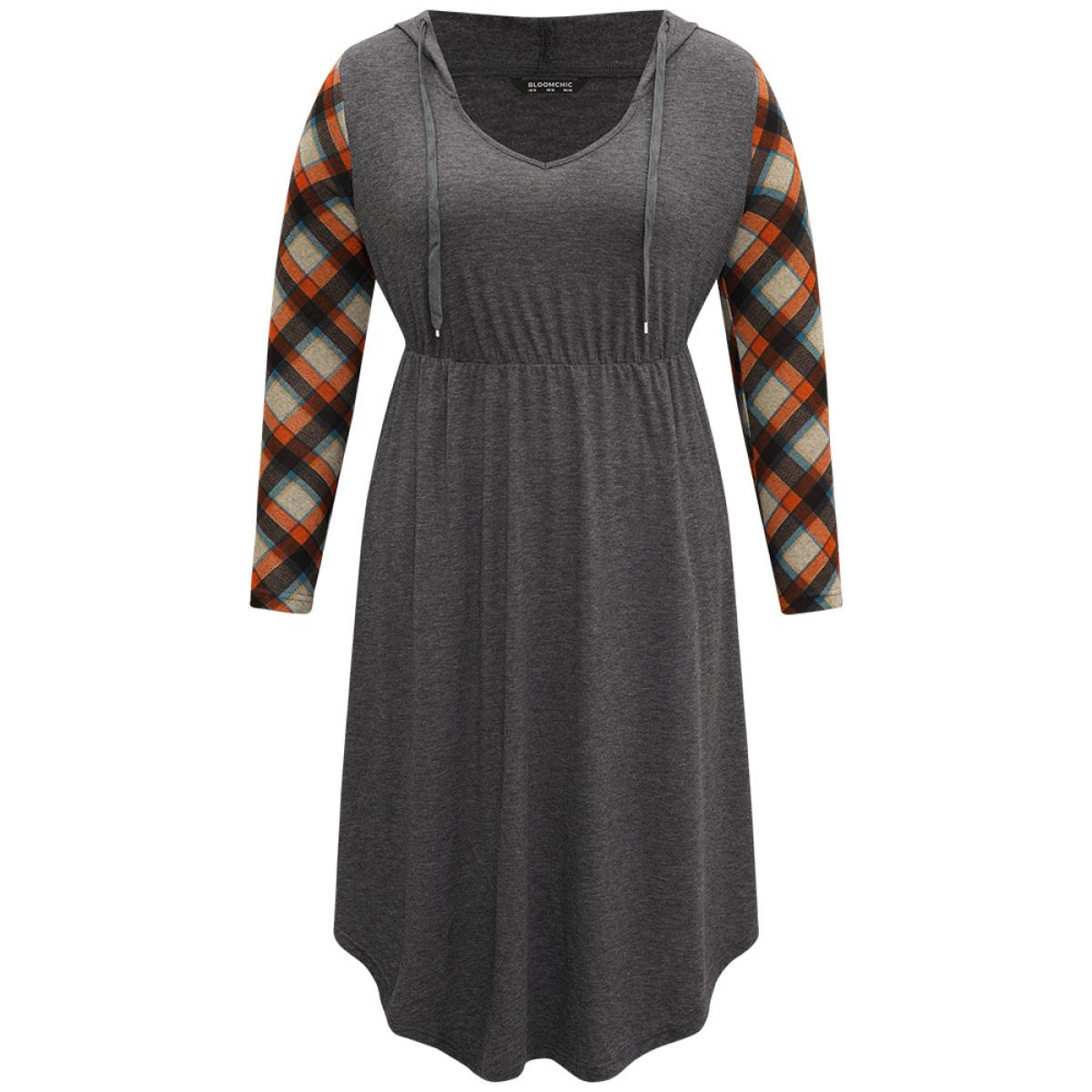 Plus Size Supersoft Essentials Hooded Plaid Patchwork Drawstring Dress DimGray Women Casual Printed Hooded Long Sleeve Curvy Midi Dress BloomChic 12/L Product Image