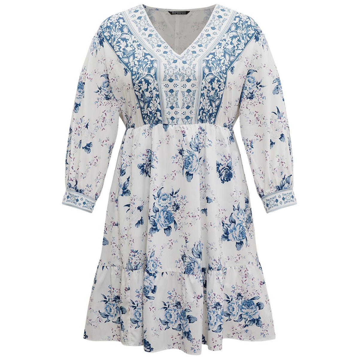 Plus Size Floral Print Lantern Sleeve Pocket Ruffle Dress Stone Women Vacation Printed V-neck Long Sleeve Curvy Midi Dress BloomChic 30/6X Product Image