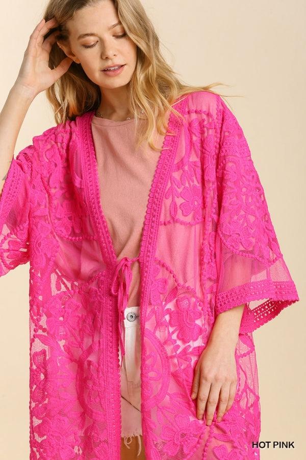 1136   ReeAnn Floral Lace Kimono w/ Waist Tie - Reg & Plus Product Image
