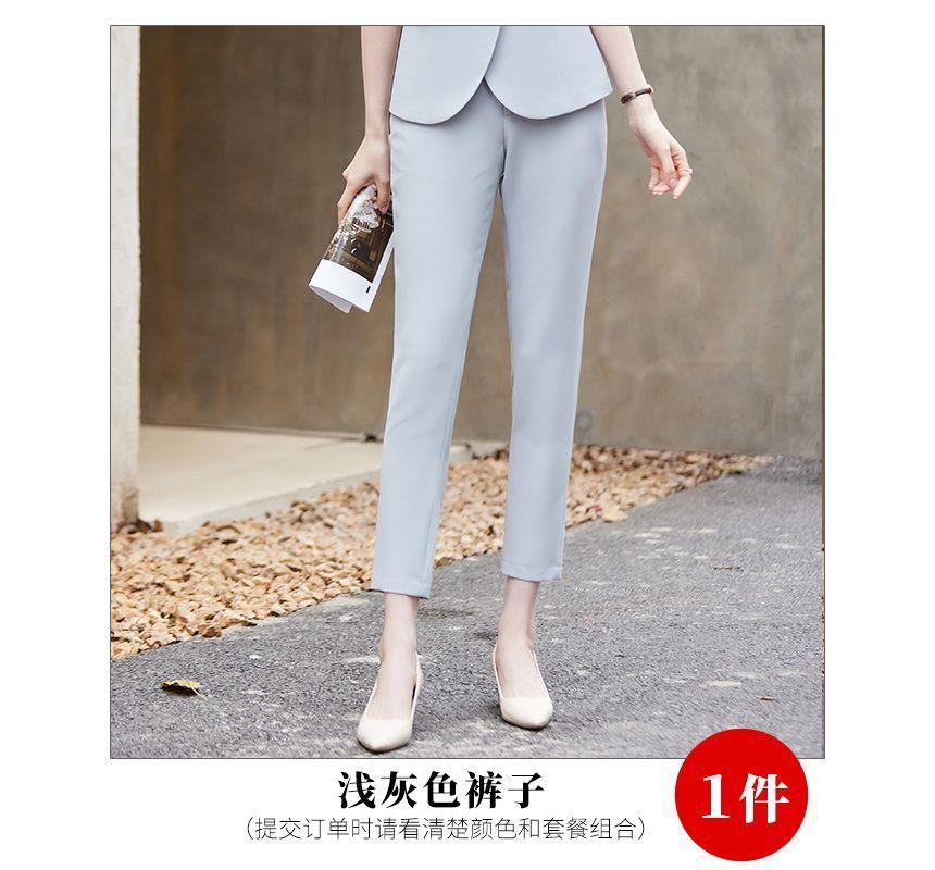 Short-Sleeve Notch Lapel Plain Double Breasted Blazer / High Rise Plain Mini Pencil Skirt / High Rise Cropped Tapered Suit Pants Product Image