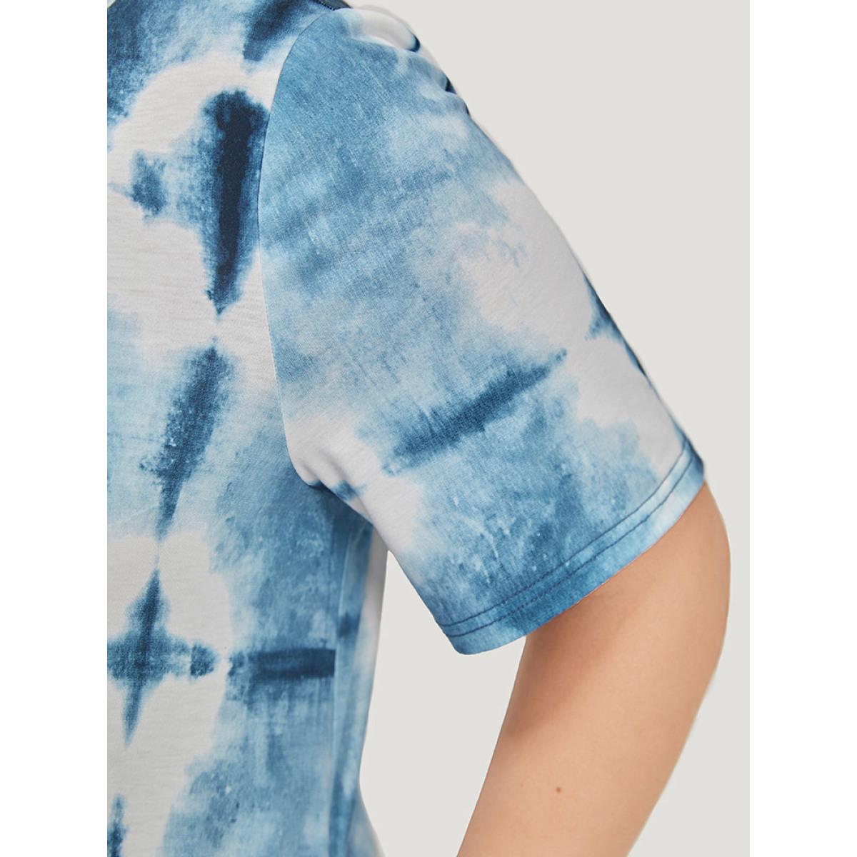 Plus Size Tie Dye Pocket Ruffle Hem Crew Neck Dress Blue Women Casual Printed Round Neck Short sleeve Curvy Midi Dress BloomChic 22-24/3X Product Image