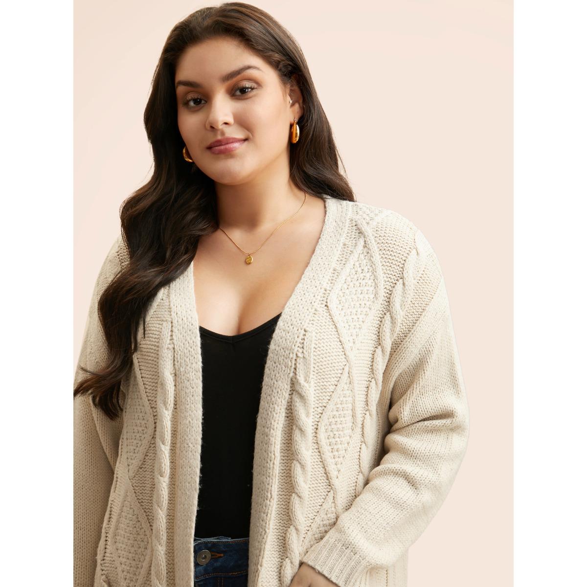 Plus Size Cable Knit Drop Shoulder Pocket Cardigan WhiteSmoke Women Casual Loose Sleeveless Everyday Cardigans BloomChic 26/4X Product Image