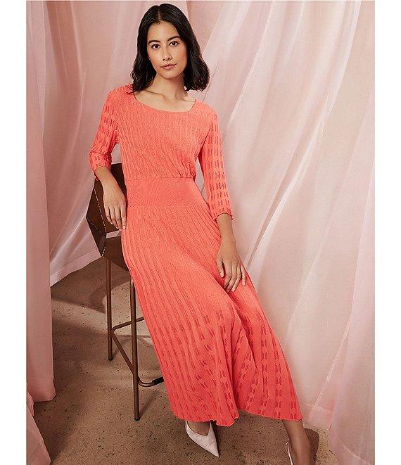 Ming Wang Pointelle Tonal Knit Square Neck 3/4 Sleeve Midi Dress Product Image