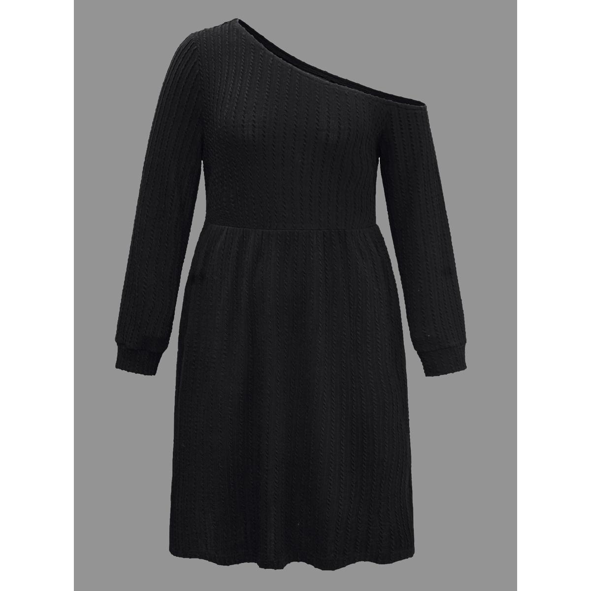 Plus Size One Shoulder Plain Textured Dress Black Women Casual Texture Knit Dresses Bloomchic 12/L Product Image
