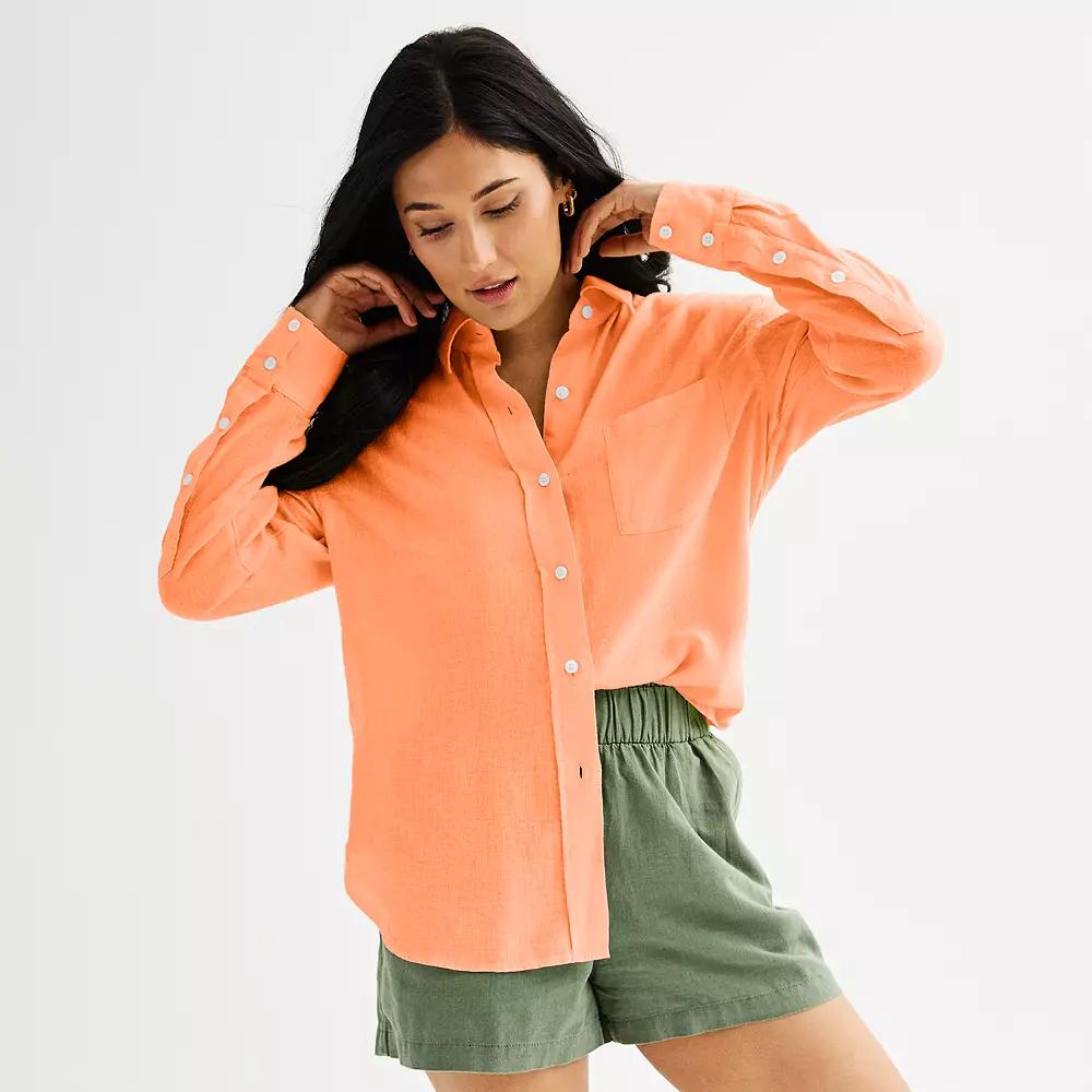 Women's Sonoma Goods For Life® Oversized Linen-Blend Boyfriend Shirt, Size: Small, Pink Spritz Product Image