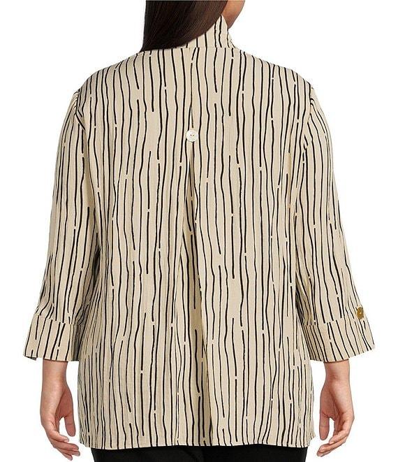 Ali Miles Plus Size Crinkle Woven Abstract Stripe Wire Collar 3/4 Sleeve Button-Front Tunic Product Image