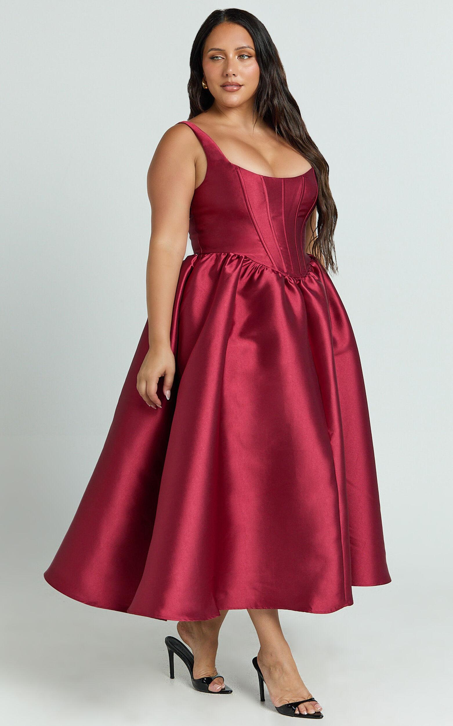 Courtney Midi Dress - Corset Panel Low Back Dress in Wine Product Image
