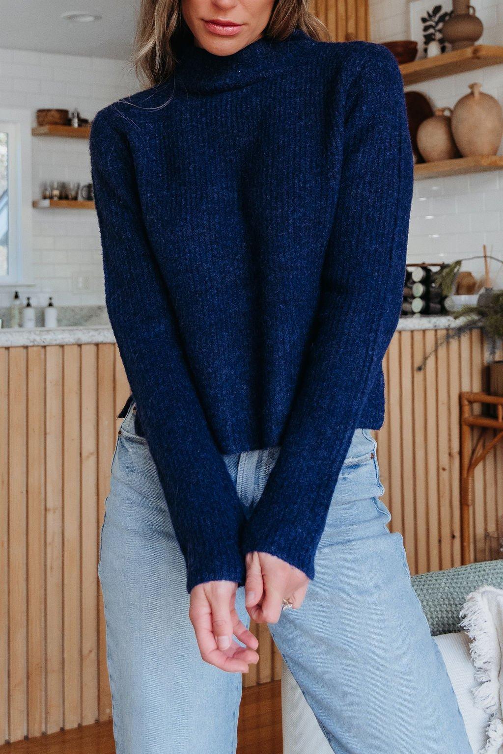 Navy Blue Mock Neck Ribbed Sweater - FINAL SALE Product Image