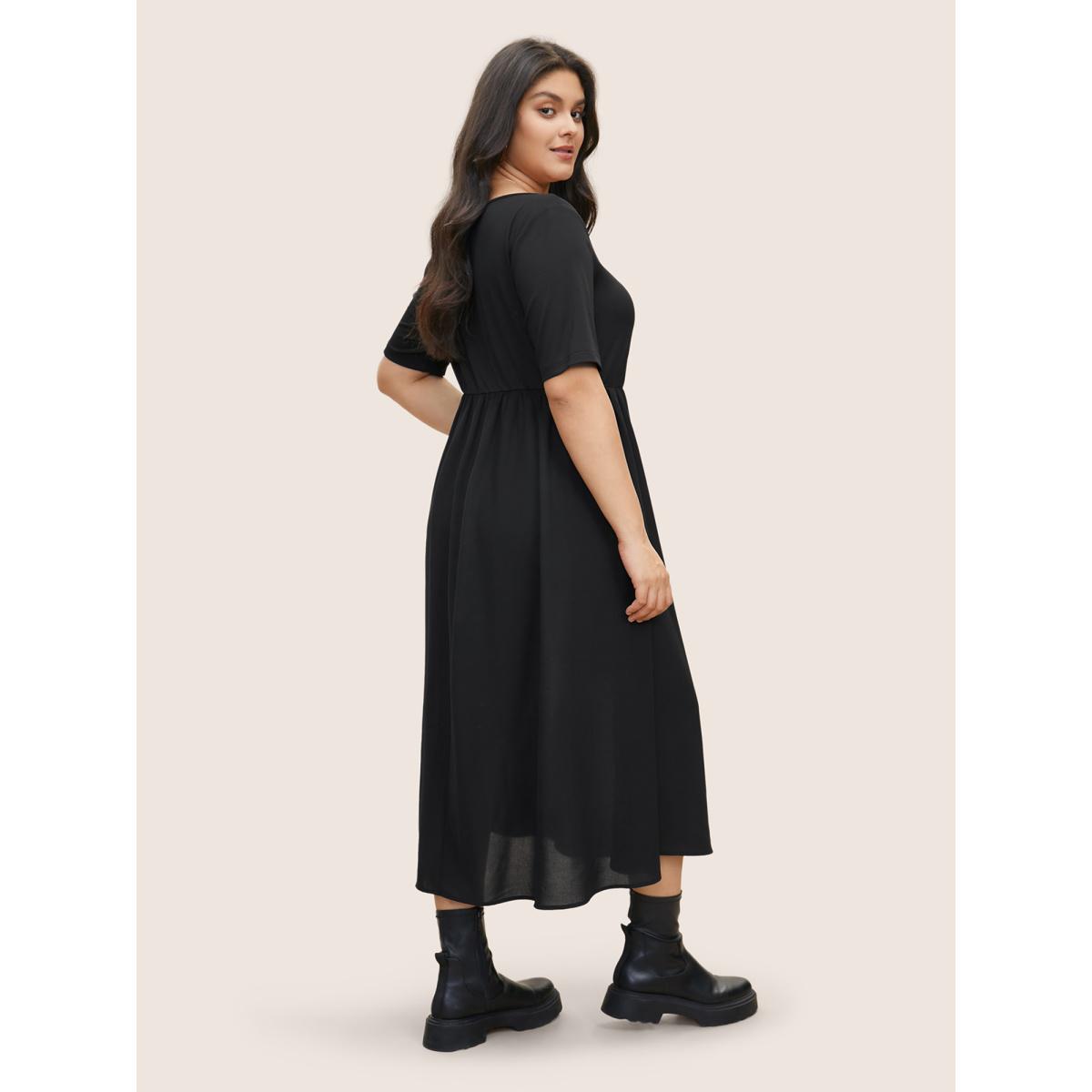 Plus Size Plain Square Neck Gathered Elastic Waist Dress Black Women Casual Non Square Neck Short sleeve Curvy Midi Dress BloomChic 22-24/3X Product Image