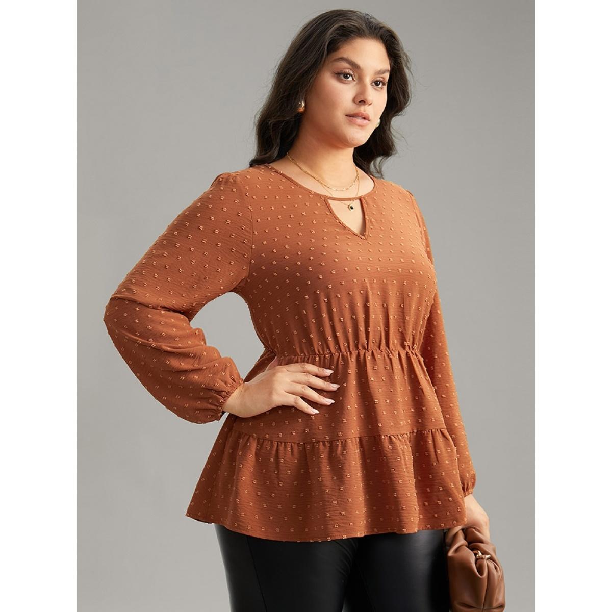 Plus Size Rust Textured Keyhole Ruffle Layered Hem Blouse Women Office Long Sleeve Keyhole Cut-Out Office Blouses BloomChic 22-24/3X Product Image