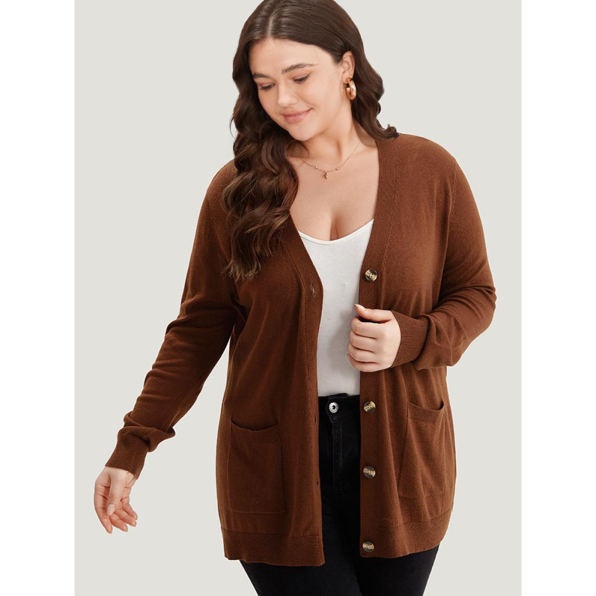 Plus Size Supersoft Essentials Button Up Patched Pocket Cardigan Maroon Women Casual Loose Long Sleeve Everyday Cardigans BloomChic 12/L Product Image