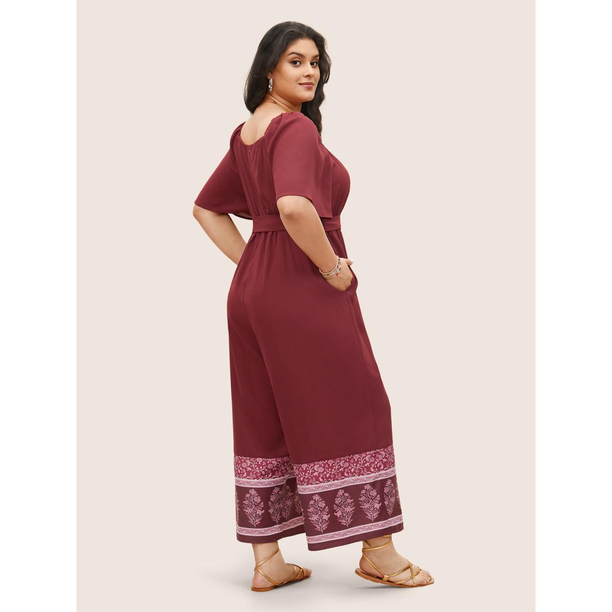 Plus Size Burgundy Bandana Print Gathered Belted Square Neck Jumpsuit Women Resort Short sleeve Square Neck Vacation Loose Jumpsuits BloomChic 28/5X Product Image