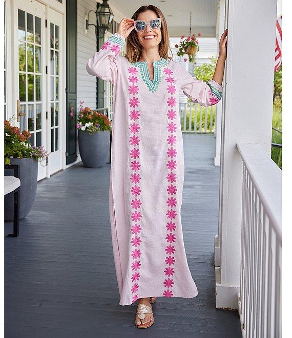 SAIL to SABLE Woven Floral Embroidered Split V-Neck Long Sleeve Caftan Dress Product Image