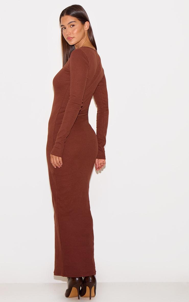 Chocolate Ribbed V Neck Long Sleeve Maxi Dress Product Image