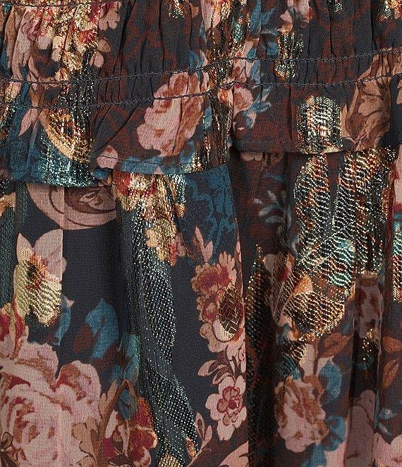 Eliza J Metallic Chiffon Flutter Sleeve Smocked Fit and Flare Printed Midi Dress Product Image
