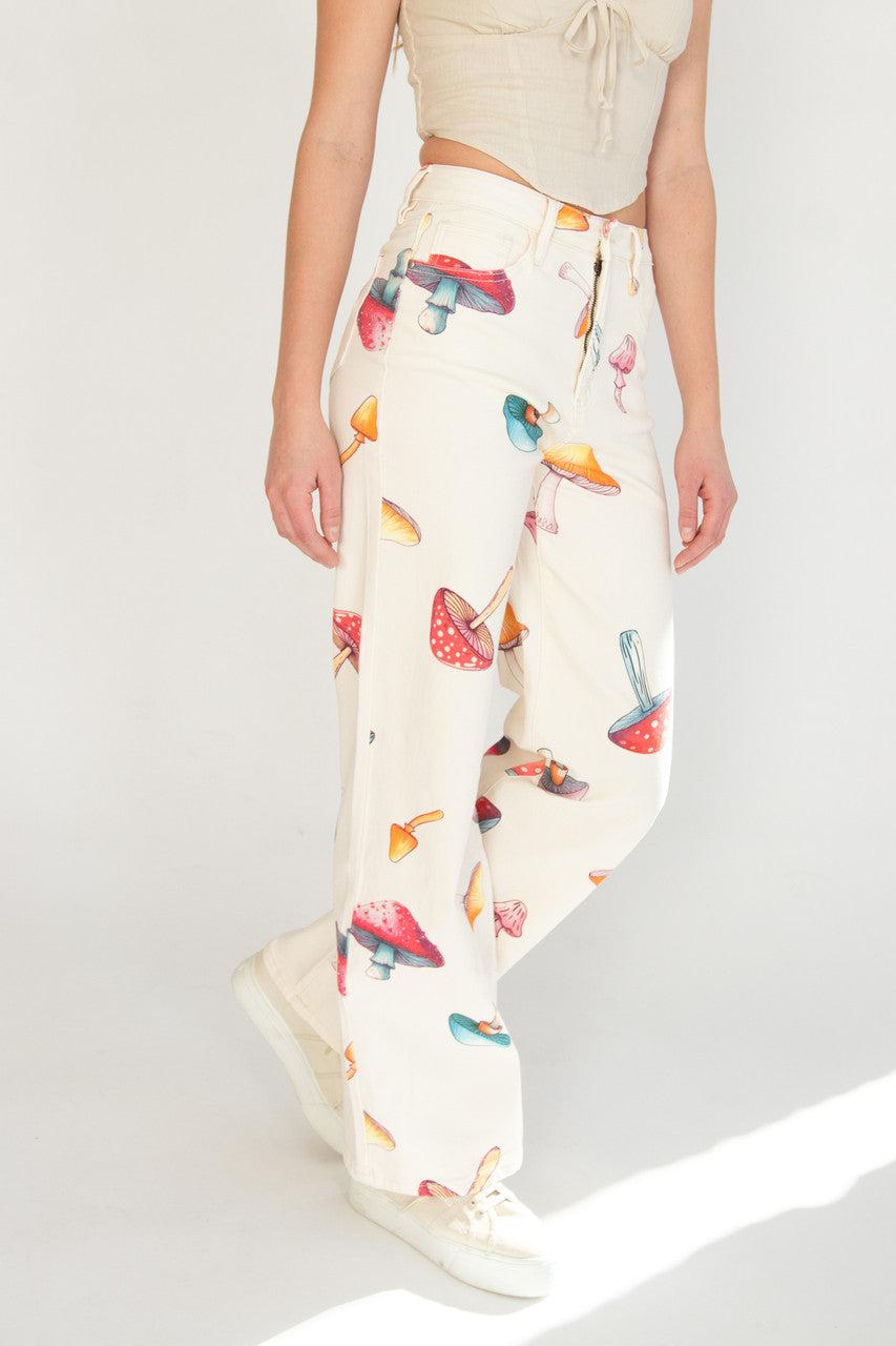 Large Mushroom Print Wide Leg Jeans Product Image