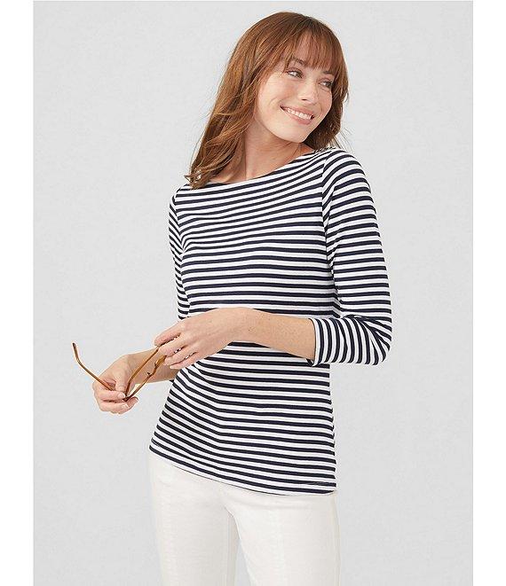 J.McLaughlin Wavesong Striped Print 3/4 Sleeve Button Shoulder Tee Shirt Product Image