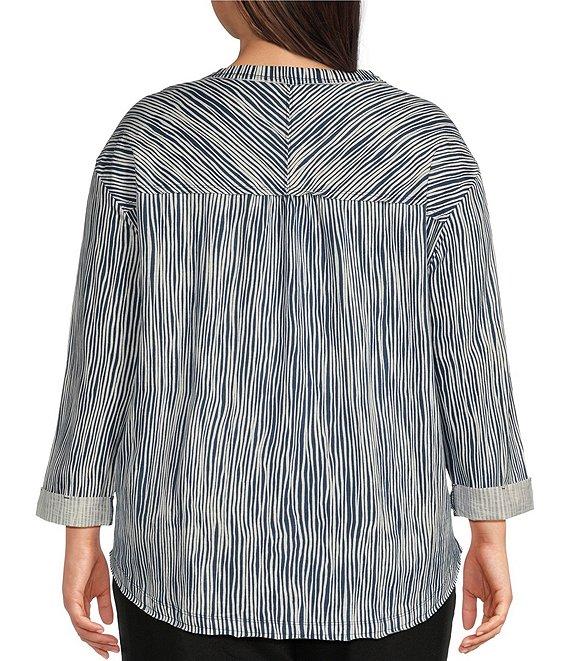 Westbound Plus Size Striped Rolled 3/4 Sleeve Faux Henley Top Product Image