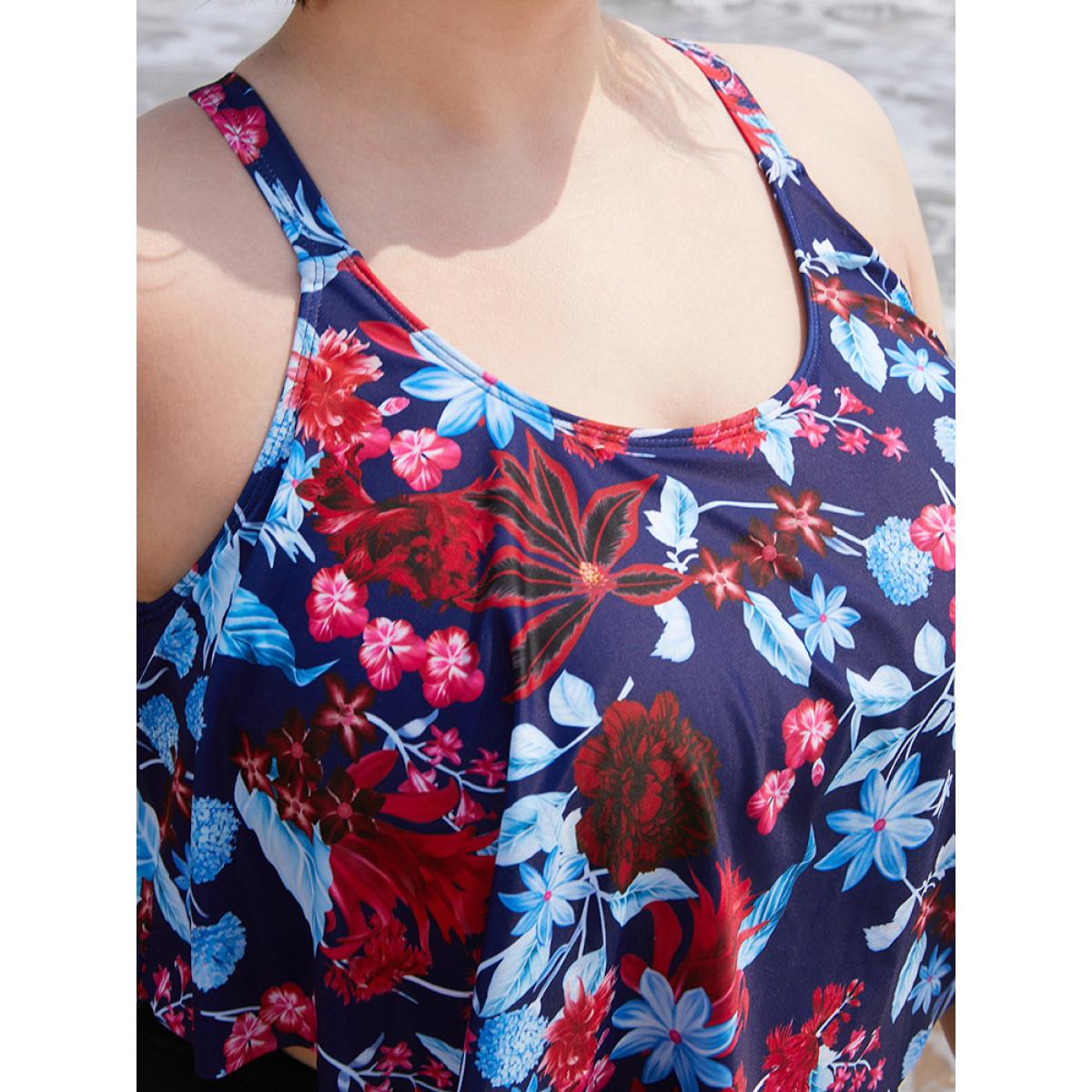 Plus Size Floral Crossover Back Asymmetrical Tankini Top Women's Swimwear Indigo Vacation Adjustable Straps High stretch Bodycon Round Neck Curve Swim Tops BloomChic 10/M Product Image