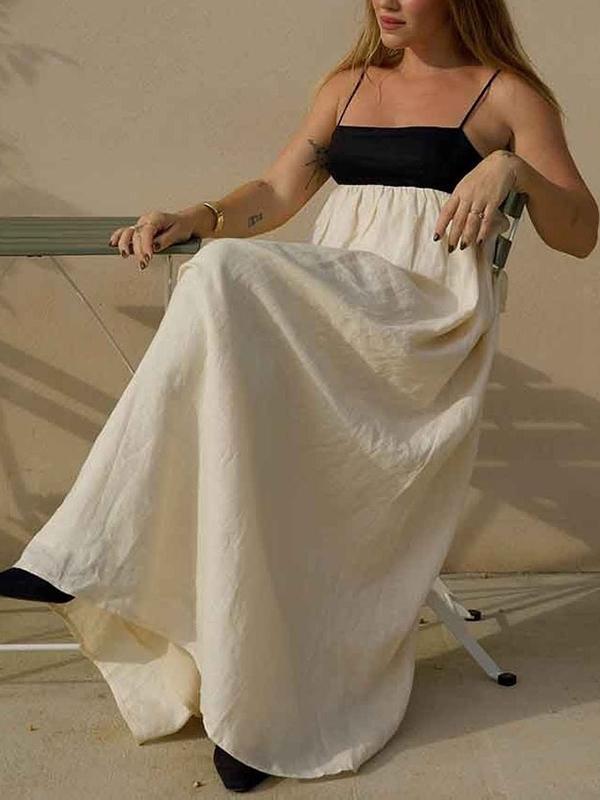 A-Line Loose Contrast Color Pleated Split-Joint Spaghetti-Neck Maxi Dresses Product Image