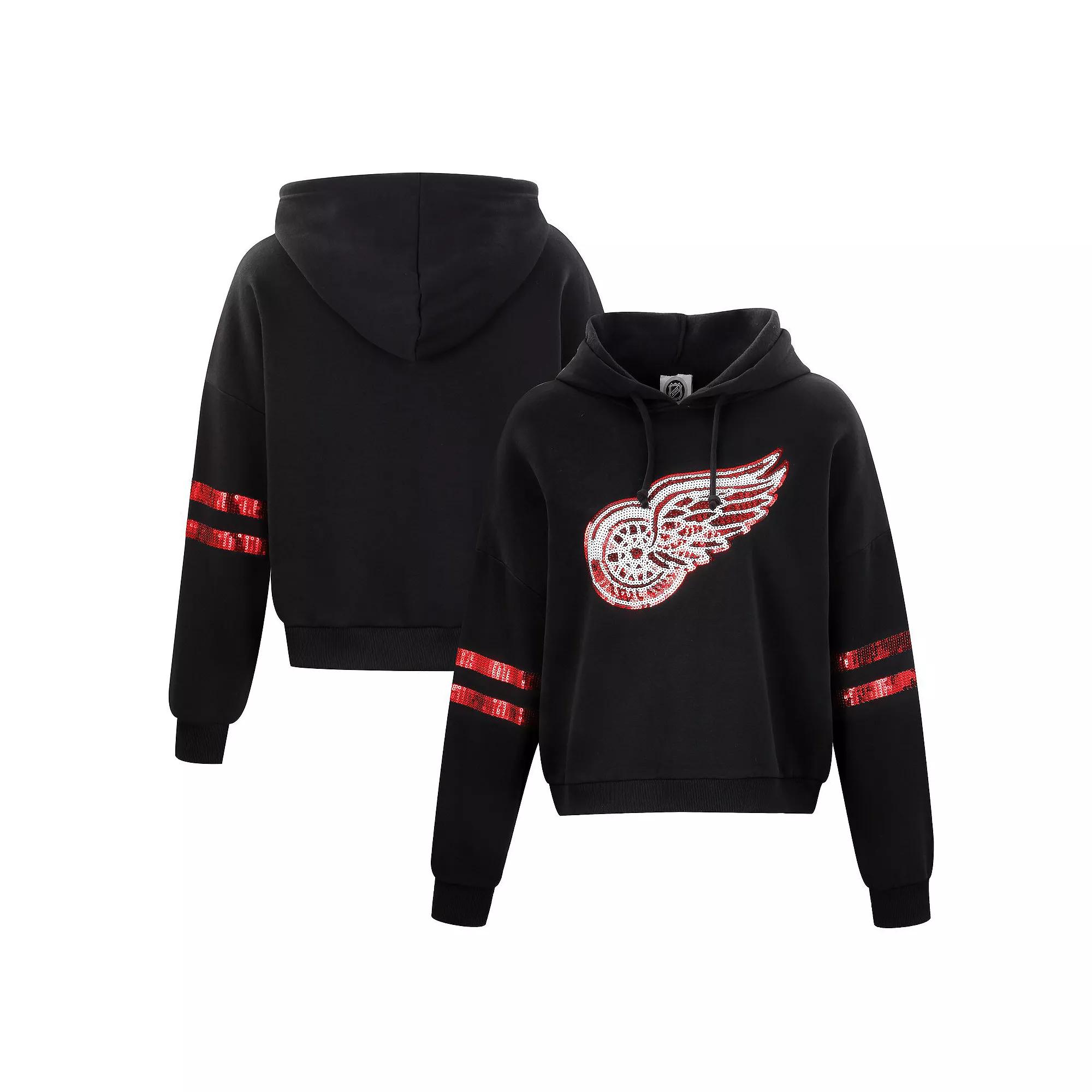 Women's Cuce Black Detroit Red Wings Sequin Cropped Pullover Hoodie, Size: 2XL Product Image