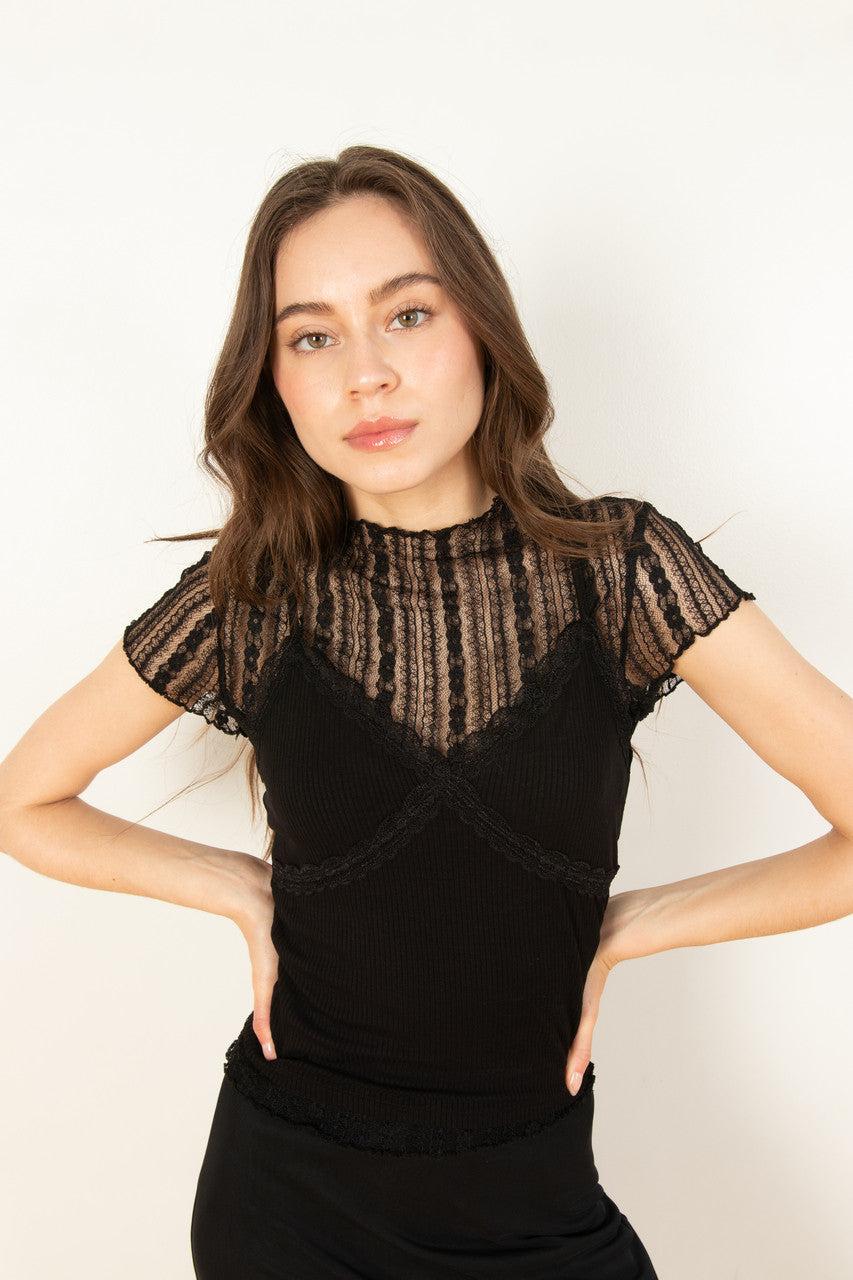 Black Lace Tee With Cami Set Product Image
