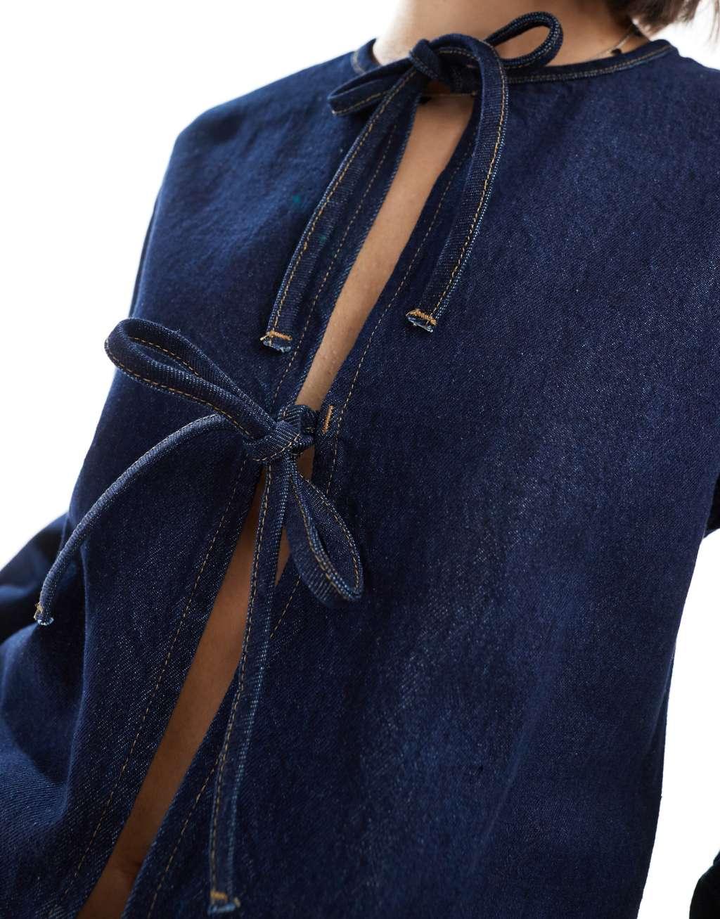 ASOS DESIGN denim long sleeve tie front top with contrast stitching in indigo Product Image