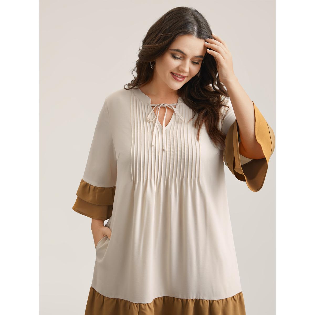 Plus Size Color Block Neck-Tie Tiered Midi Dress Multicolor Women Casual Tucked seam Notched collar Elbow-length sleeve Curvy BloomChic 14-16/1X Product Image