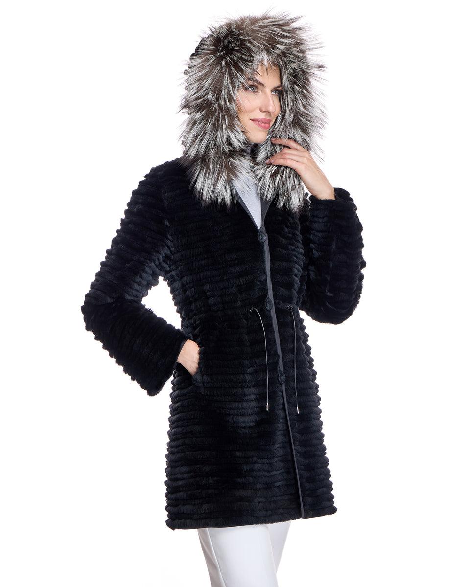 RABBIT REVERSIBLE COAT WITH FOX TRIMMED HOOD Product Image