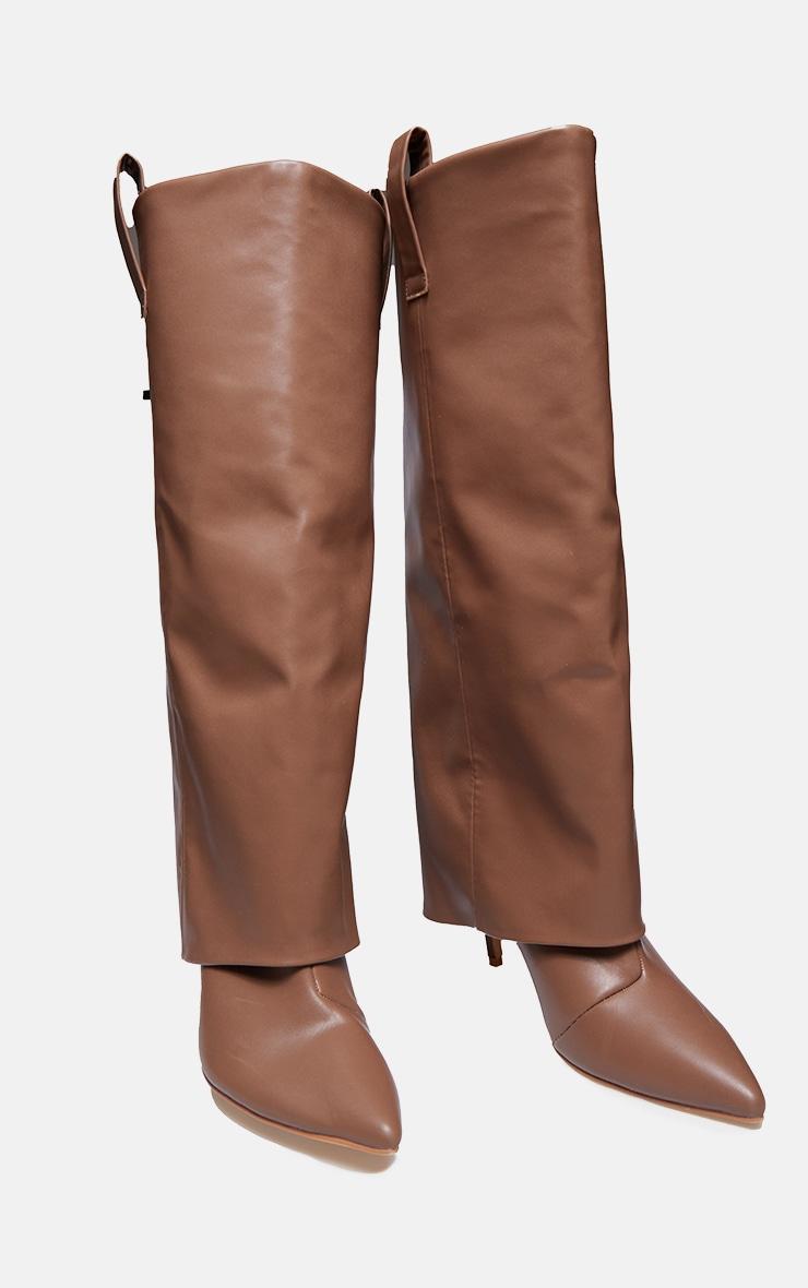 Brown Pu Fold Over Point Toe Heeled Boots Product Image