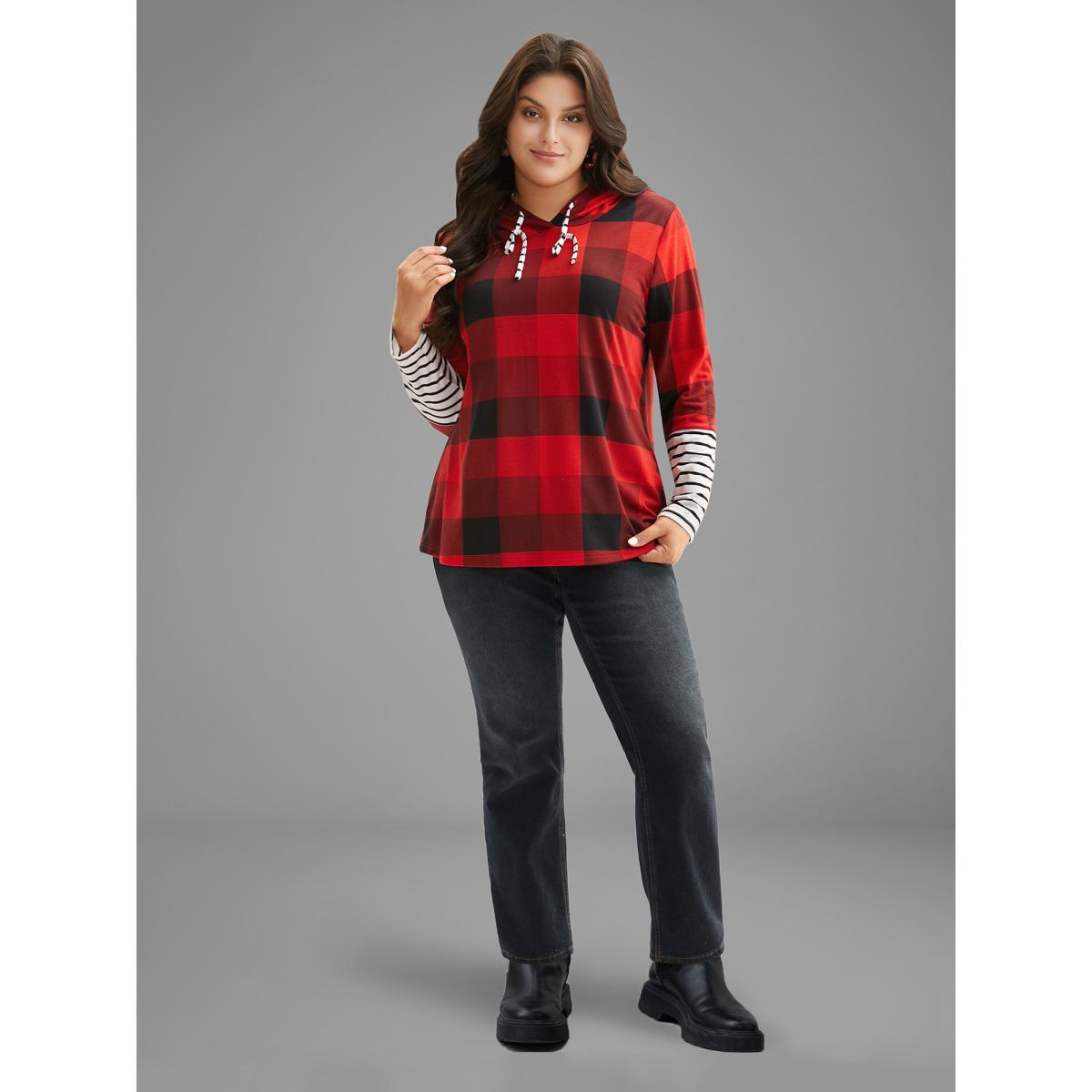 Plus Size Plaid Hooded Drawstring Straight Fit Tee Brightred Women Casual Contrast Hooded Everyday T-shirts BloomChic 10/M Product Image