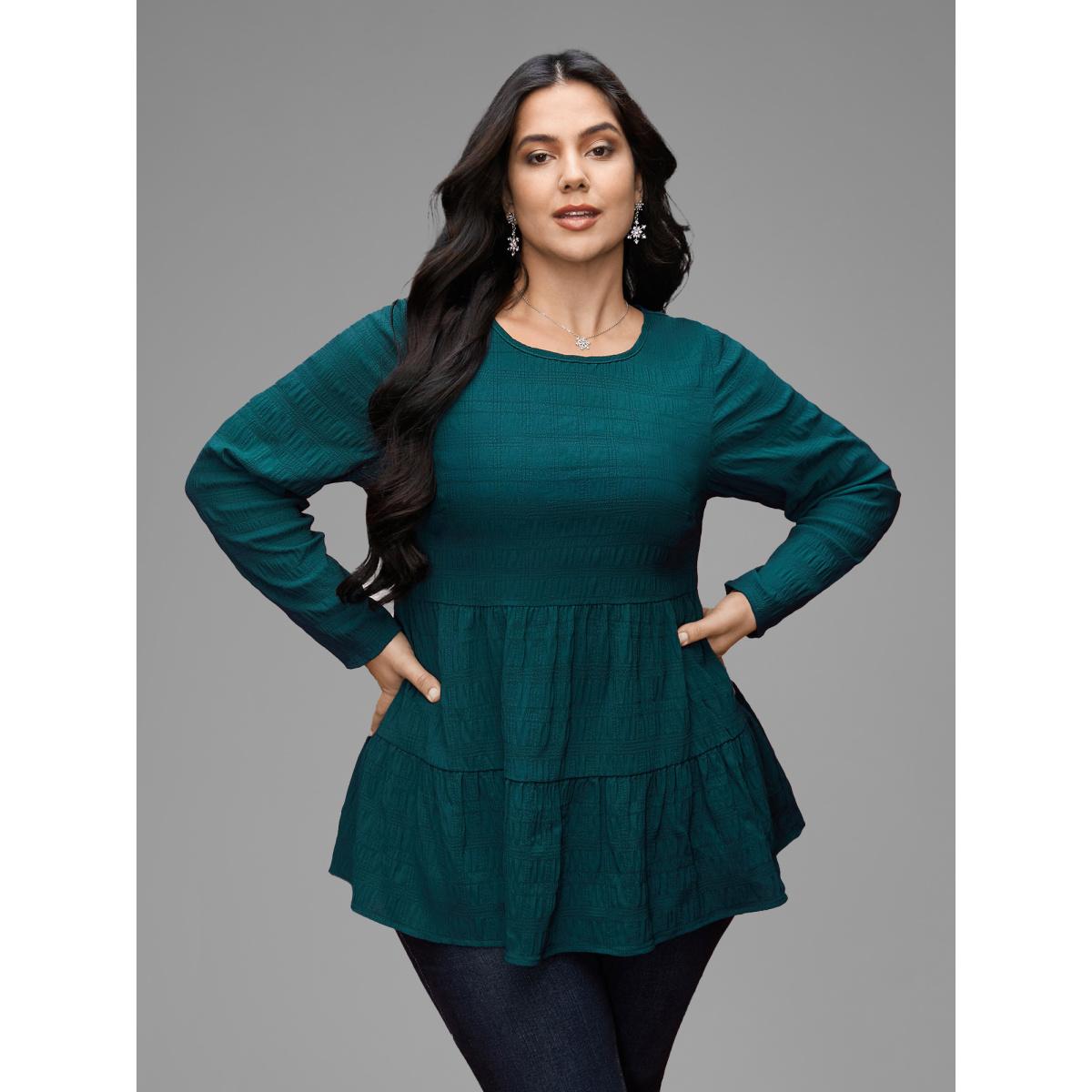 Plus Size Cyan Textured Round Neck Tiered Hem Blouse Women Casual Long Sleeve Round Neck Everyday Blouses BloomChic 28/5X Product Image
