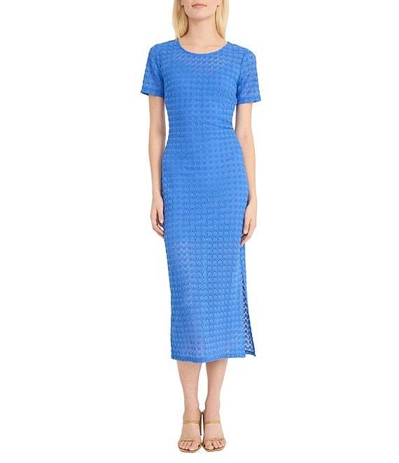 Donna Morgan Short Sleeve Illusion Hem Crochet Sheath Midi Dress Product Image