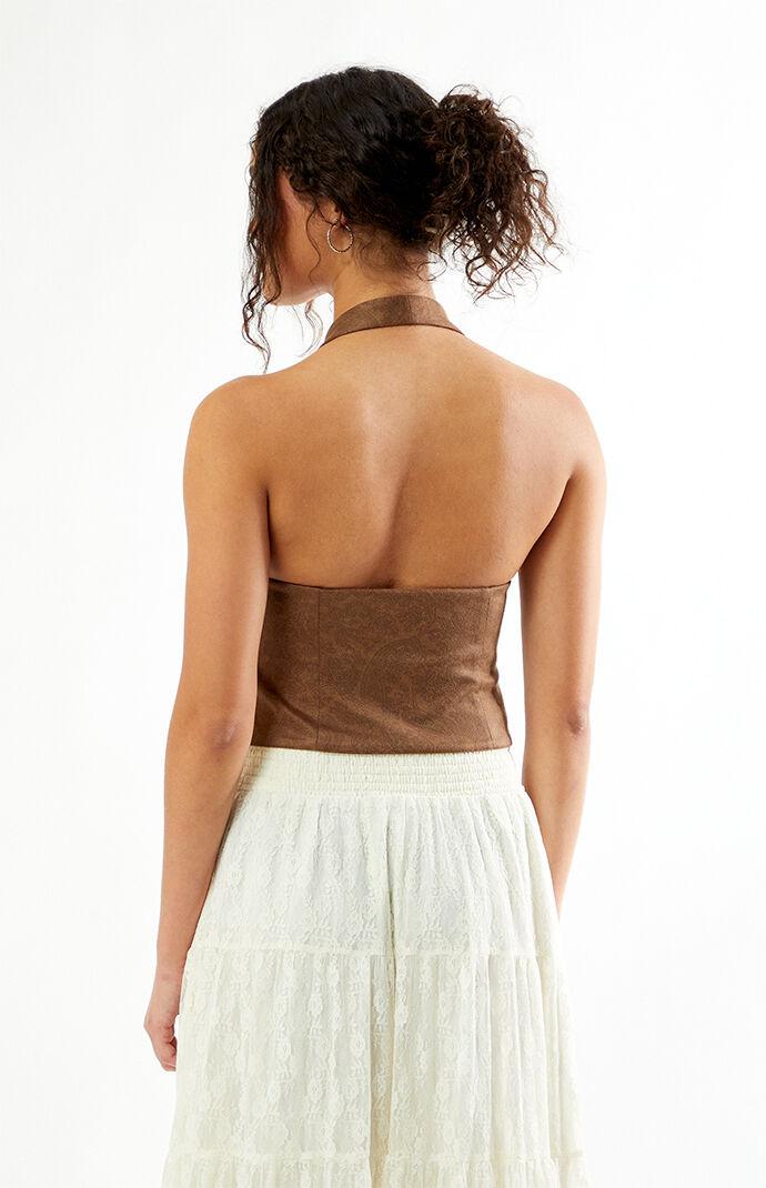 Paisley Faux Suede Hook-And-Eye Halter Top Product Image