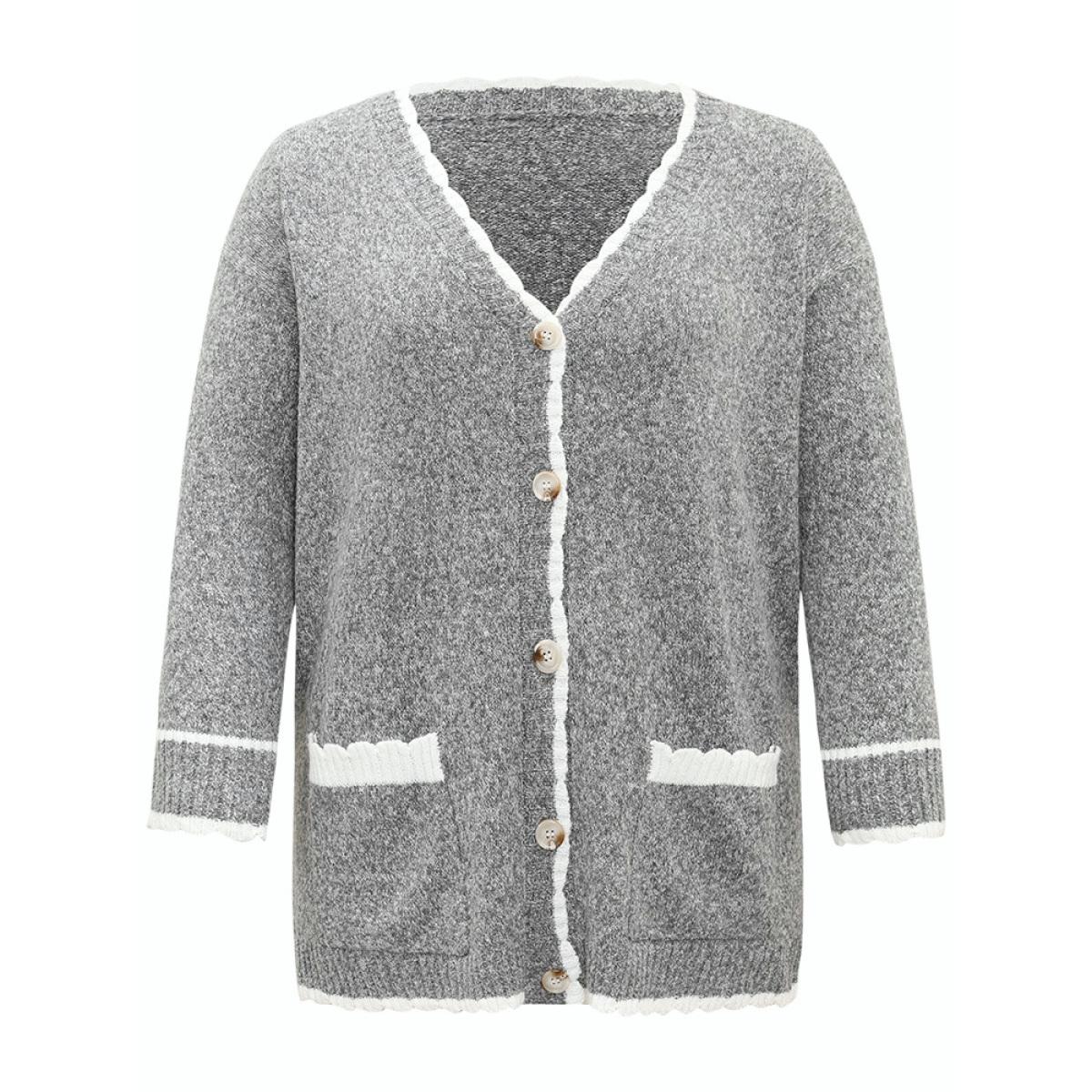 Plus Size Heather Contrast Pocket Button Through Cardigan Gray Women Casual Loose Long Sleeve Dailywear Cardigans BloomChic 26/4X Product Image