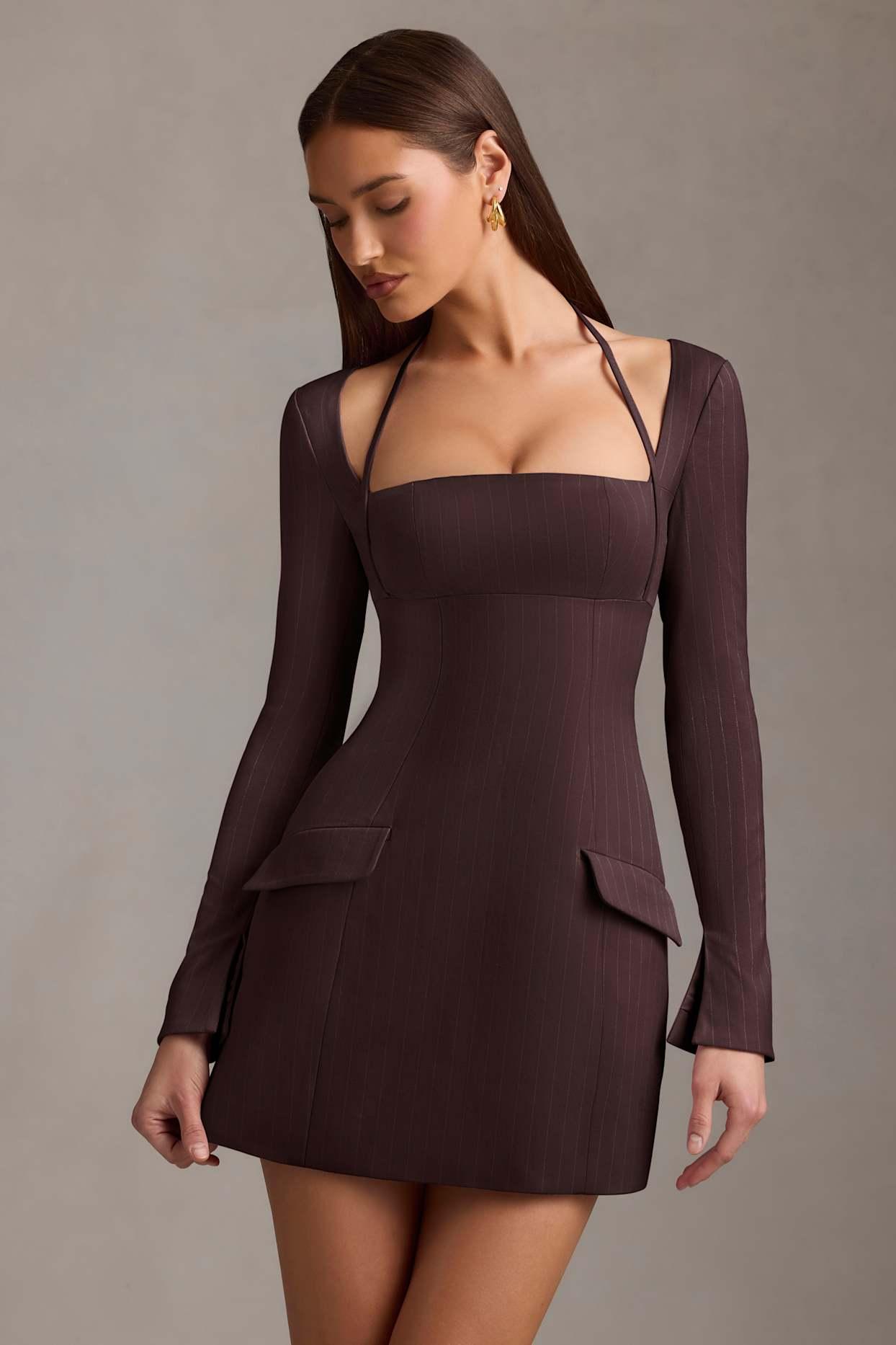 Pinstripe Structured A-Line Mini Dress in Chocolate Brown Product Image
