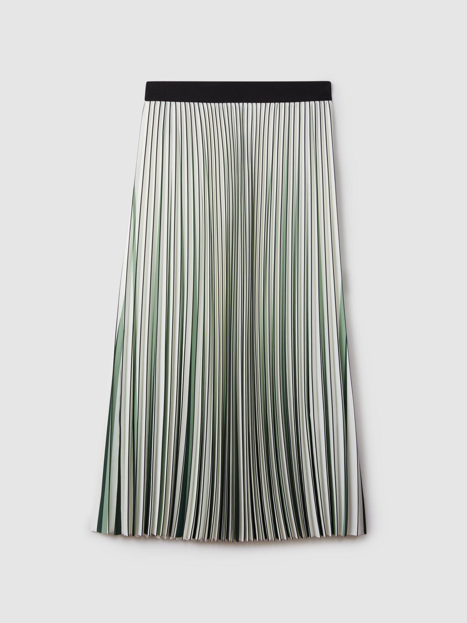 Pleated Striped Midi Skirt in Green/Cream Product Image