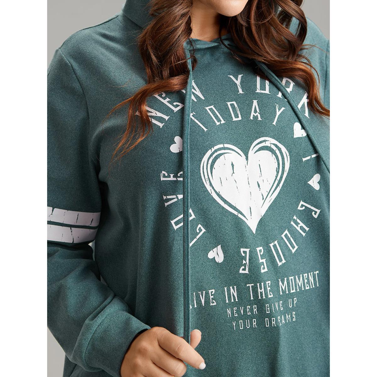 Plus Size Letter & Heart Print Hooded Drawstring Sweatshirt Women Mint Casual Thick Dailywear Sweatshirts BloomChic 28/5X Product Image