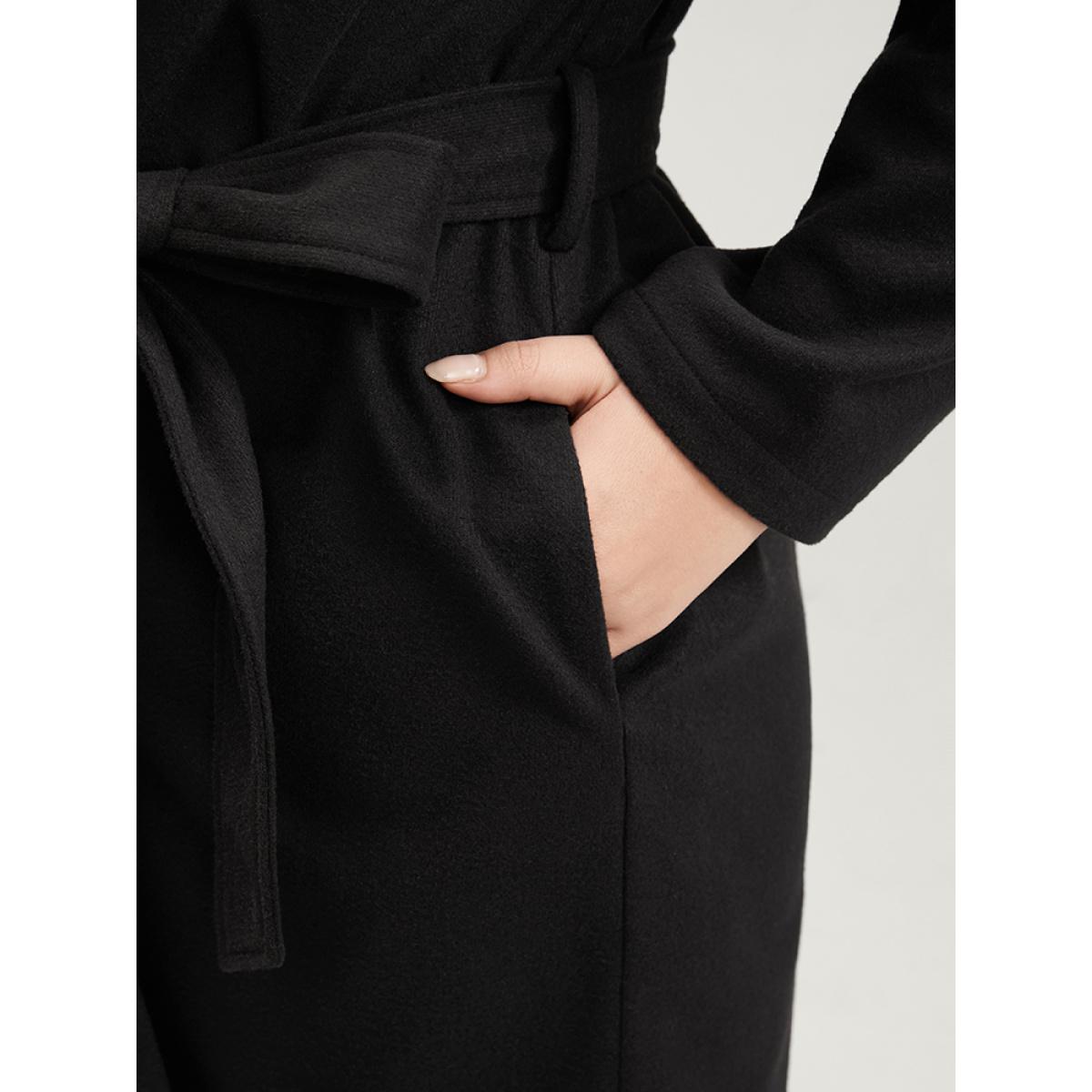 Plus Size Solid Open Front Belted Asymmetrical Hem Blazer Black Women Work Plain Belted Sleeve Long Sleeve Suit Collar 22-24/3X Pocket Belt Casual Blazers BloomChic Product Image