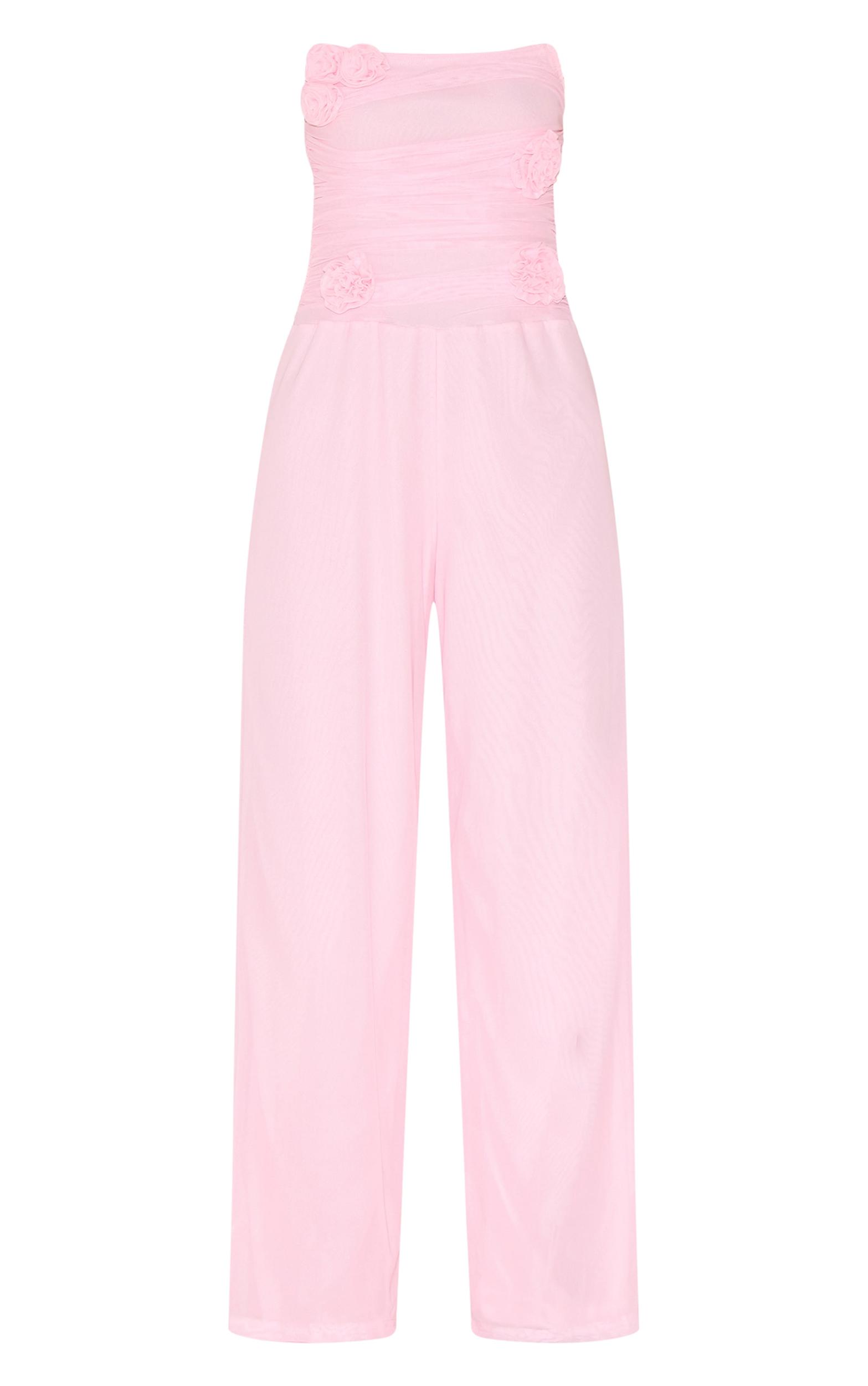 Pale Pink Mesh Overlay Bandeau Rose Applique Jumpsuit Product Image