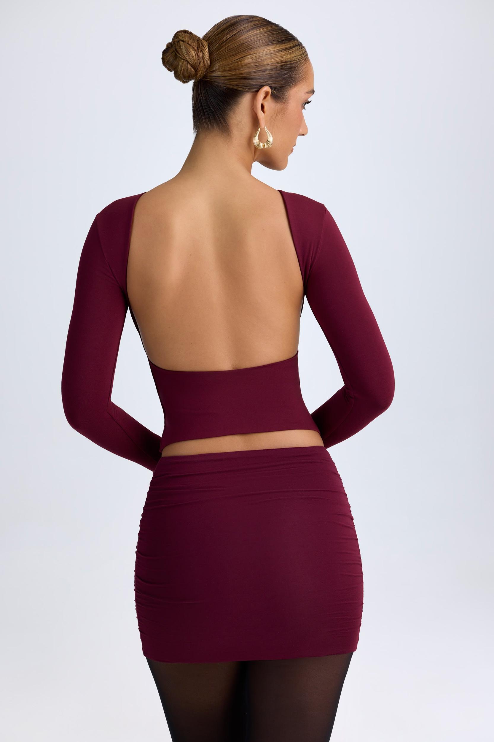 Modal High Neck Long Sleeve Open Back Top in Wine Red Product Image